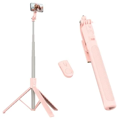 RISEOFLE 180cm Tripode para Movil & Palo Selfie - Tripode Movil Extensible Portátil con Mando Inalámbrico, Compatible con iPhone/Samsung/GoPro/Cámaras - Rosa