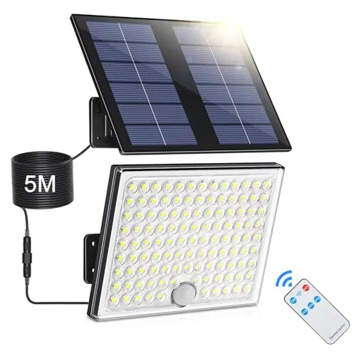 Luz Solar con Sensor de Movimiento, Foco Exterior con Control Remoto, 2000mAh 3 Modos IP65 Impermeable, Luces Led para Jardín, Lámpara con Cable de 5M, 1 Pieza