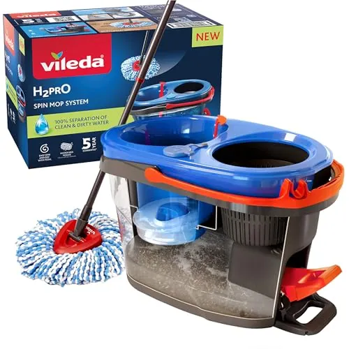 Vileda H2PrO Spin Mop, fregona giratoria con Cubo de Doble depósito, Pedal escurridor sin Manos, fregona de Microfibra, Palo telescópico