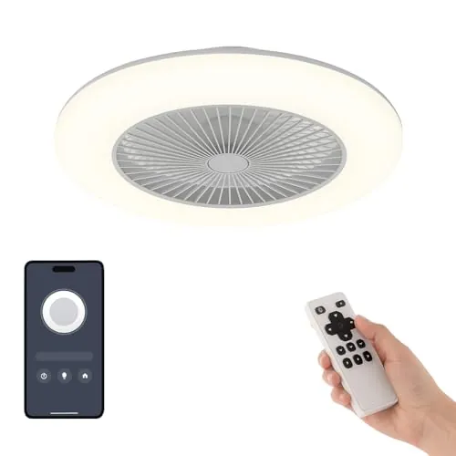 TODOLAMPARA.COM VENTILADOR TECHO SILENCIOSO PLAFÓN LED APP MÓVIL IKARO BLANCO 2026 - DC, regulable, 3 tonos, Verano/Invierno, aspas protegidas, 6v, bajo consumo, Fácil montaje (Plafón Fijo)