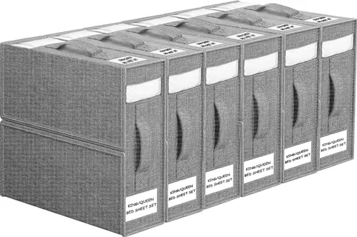 WANGIRL 6 Piezas Caja Organizador Sabanas Armario, Organizador Armario Ropa Lino Plegable para Frazada y Sabanas, Caja de Almacenamiento que se Puede Guardar Debajo de la Cama o en un Cajón - Gris