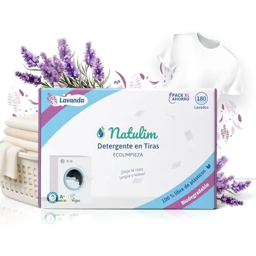Natulim Detergente en Tiras para Lavadora (180 Lavados) - Incluye efecto Suavizante, Ecológico, Hipoalergénico, Zero Waste, Made in Spain - Ropa limpia y suave sin ensuciar el Planeta (Lavanda)