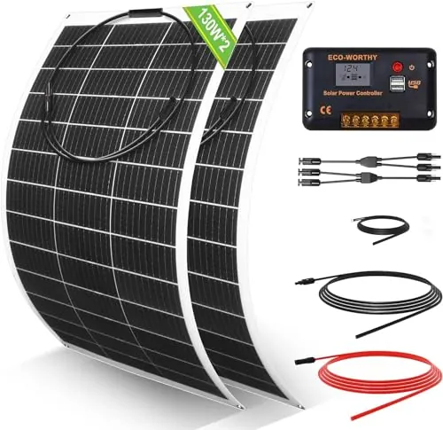 ECO-WORTHY - Kit de panel solar flexible (260 W, 12 V, sistema fuera de la red: 2 paneles solares flexibles 130 W, 30 A, pantalla LCD + 5 m, cable solar para caravana, autocaravana, barco, cabina