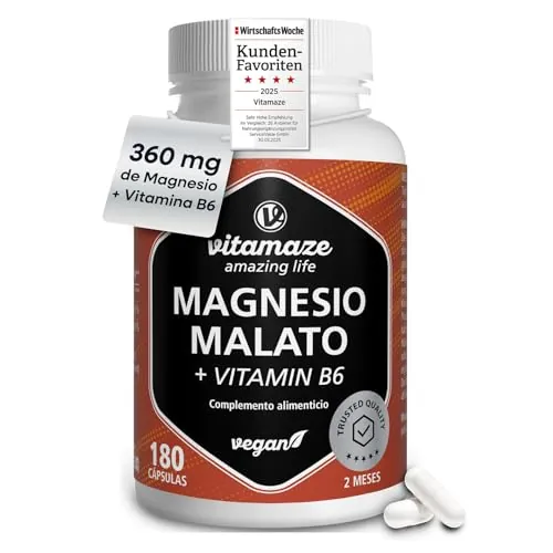Malato de Magnesio con Vitamina B6. 180 Cápsulas Veganas, 3 Meses de Suministro. Para la Energía y la Función Muscular, Sin Aditivos, Vitamaze