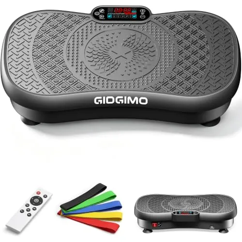 GIDGIMO Plataforma Vibratoria Fitness, Máquina de Vibración de Cuerpo Completo para Entrenamiento en Casa, 180 Niveles de Velocidad, 5 Programas, Mando a Distancia, Bandas de Resistencia, hasta 200 kg