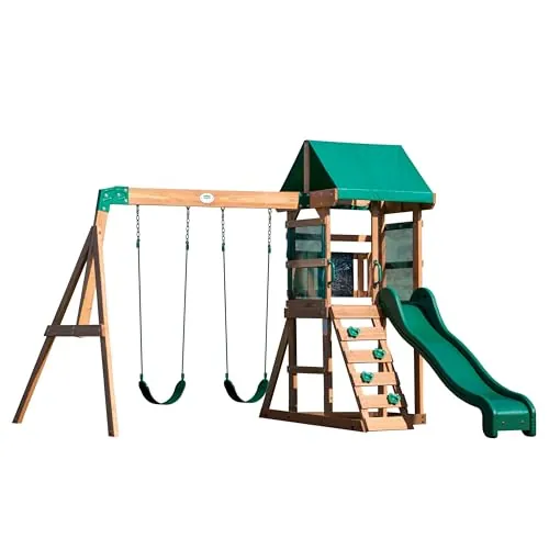 Backyard Discovery Buckley Hill Parque Infantil Exterior, Verde y Marron | Parque Infantil Madera, Juegos Infantiles Exterior con Columpio, Tobogan y Escalera - 310x270x230 cm.