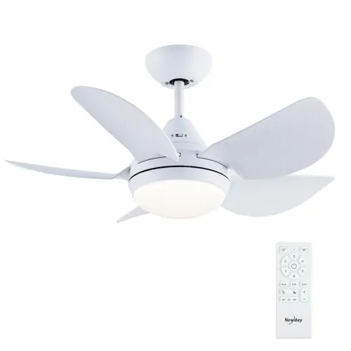 Newday ND-30-1086WT Ventilador de Techo Blanco, 76cm Ventilador Techo Pequeño con Luz y Control Remoto Silencioso, Dimmer sin pasos, 3 Temporizador, Motor DC Reversible, 5 Aspas, Modo de 7 Velocidade