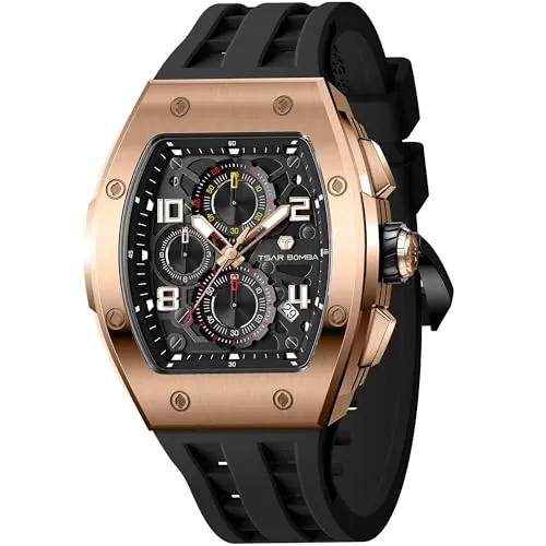 TSAR BOMBA Reloj para Hombre Relojes de Pulsera para Hombre Resistente al Agua Cinta Negra Caja de Acero Inoxidable Dorado Cronógrafo de Zafiro Fecha Movimiento de Cuarzo Regalos Serie 8224