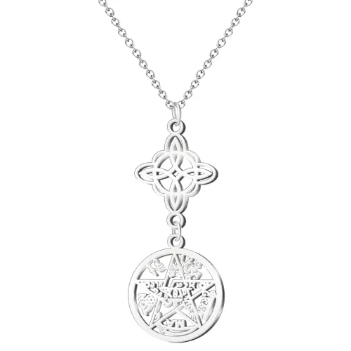 cotigo- Collar para Mujer Nudo de bruja y tetragramaton amuleto de suerte y proteccion, doble proteccion, ojo turco, piedras de chakras. (NUDO DE BRUJA Y TETRAGRAMATON PLATEADO 1)