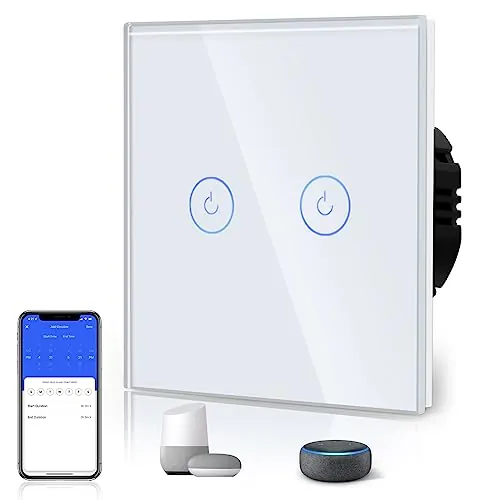 BSEED Interruptor Inteligente WIFI,Interruptores Tactil Con Cristal,Requiere Cable Neutro,2 Gang 1 Vía,86mm Blanco