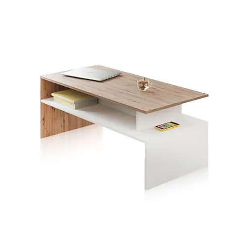 duehome | Mesa de Centro Doble Altura, Mesita para Salon, Mesa Auxiliar, Modelo Iris, Acabado en Color Blanco Artik y Roble Nodi, 108 cm (Largo) x 50 cm (Ancho) x 43 cm (Alto)