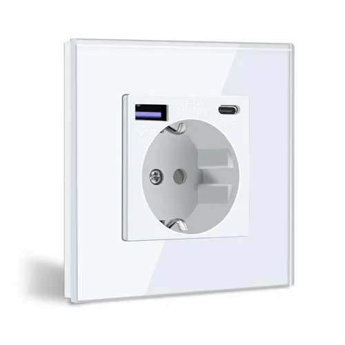 BSEED Enchufe de Pared con USB C 20W, Blanco Schuko Enchufe con Cargador Rápido USB Tipo C, 1 Gang Toma de Corriente con 2xCargadores USB y Typ C, Enchufe Integrado Adecuado