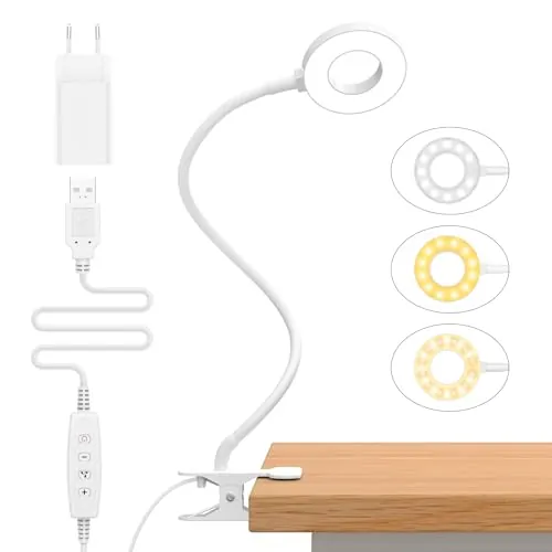 iZELL 23 LED Luz Lectura con Clip [3 Colores y 10 Brillos] Flexo LED Escritorio con Pinza, 40CM Lámpara de Mesa pare Estudio Trabajo Leer Lámparas de Escritorio Regulable con Cuello de Cisne -Blanco