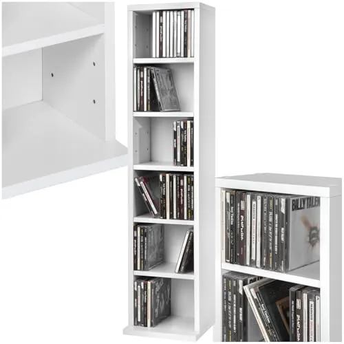 tectake® Estantería de Pared, Efecto Madera, 6 Compartimentos, Estantes Ajustables en Altura, para 102 CDs, Fácil de Montar, Almacenamiento, Decoración Habitación, Muebles Salón, Librería - Blanco