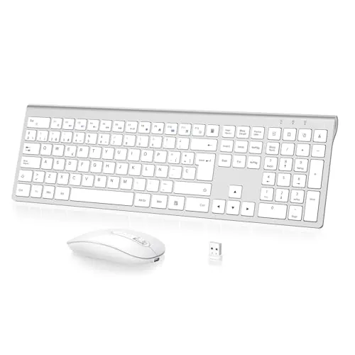 Combo Teclado y Ratón Inalámbrico- cimetech Teclado y ratón Recargable 2.4G, QWERTY Español Layout, Teclado de diseño ergonómico, Ultrafino para Ordenador/PC/portátil/Windows 10/8/7(Plata)