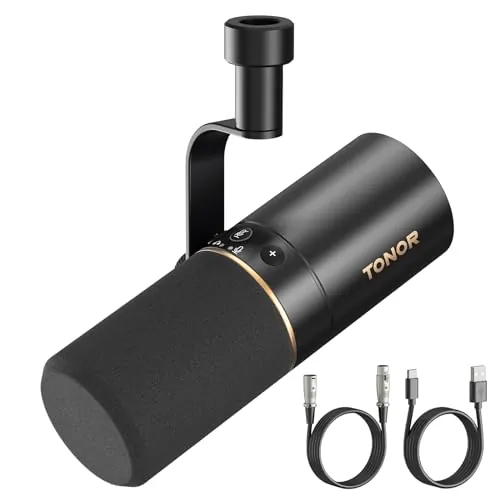 TONOR Microfono Dynamic USB/XLR, Micrófono Cardioide para Podcasting/Gaming/Streaming/Radiodifusión/Grabación Vocal/Canto, Botón Mute, Jack 3.5mm para Auriculares, Metálico, Negro, 200cm, TD510