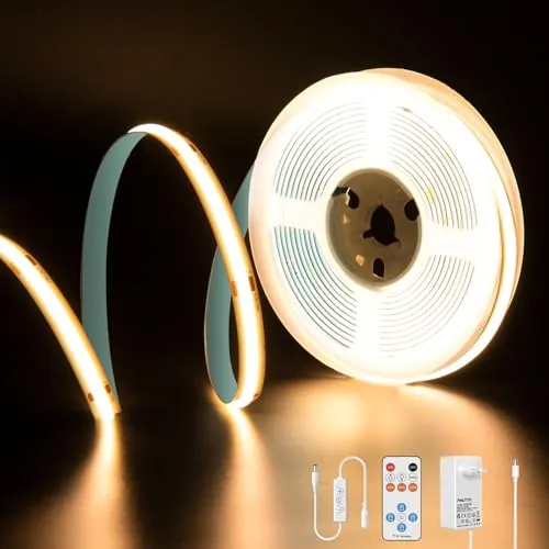 PAUTIX Tira de luces LED COB 2700K blanco cálido, 5m 480LEDs/M kit de tira de luces LED regulables,24V Superbrillante luces de cinta LED con control remoto RF de 18teclas para hogar bricolaje