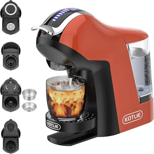 Upgrade Máquina de Cápsulas Café Espresso 5 en 1 19 Bar para Nespresso/Dolce Gusto/LAVAZZA MIO/LOR y Café Molido/ESE, Cafeteras Automáticas Pequeñas con Cápsulas, EM-308B (Naranja-rojo)