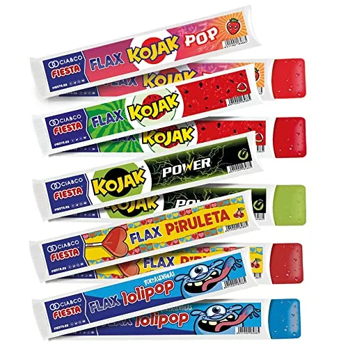 20 Flashes Fiesta Surtido (20 x 65 ml) · Polos Flash para Congelar · Piruleta, Kojak Pop Fresa, Chupa Chups Kojak Sandía, Energy y Lolipop · Sin Gluten y Veganos · Selección Cia&Co
