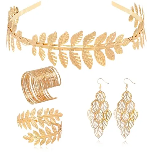 Conjunto de Accesorios para Disfraz de Diosa Griega, Corona de Hoja de Laurel Dorada, Brazaletes de Hojas y Pendientes, Accesorios de Disfraz Mujer, para Boda, Fiesta, Carnaval y Halloween (B)