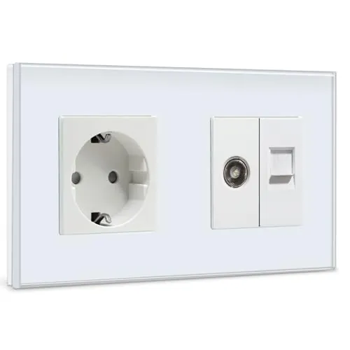 BSEED Enchufe de Pared con 1/2 PC+ TV,Antena de TV Coaxial y Ethernet RJ45 Cat5e,Schuko Enchufe con Panel de Cristal,Blanco Toma de Corriente,Enchufes de Extensión para Cocina, Dormitorio