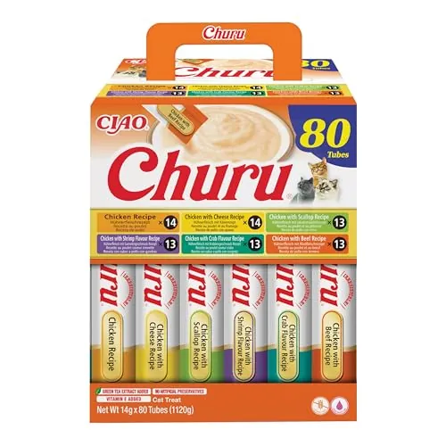 INABA Churu Snack para Gatos, Multipack Sabor Pollo, 80 Sticks x 14g