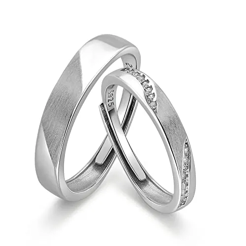 Meissa Alianzas 925 Anillos de Plata Pareja Anillos de Boda de Diamantes Delicado Anillo de Compromiso para Hombres y Mujeres Tamaño Ajustable, Juego de dos