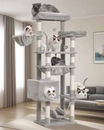 Gitelsnour Rascador para Gatos con 2 Grandes Plataformas, 2 Hamacas GCT020W | Árbol rascador para gatos estable multinivel de 160 cm, cueva, cesta suspendida y juguetes, postes de sisal, gris claro