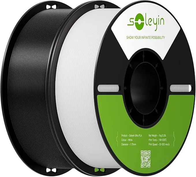 SOLEYIN Filamento PLA Ultra de 1,75 mm, para impresora 3D 30-300 mm/s, para la mayoría de impresoras 3D Creality Ender-3 K1 K1C K2 Hi (blanco y negro 2 kg)