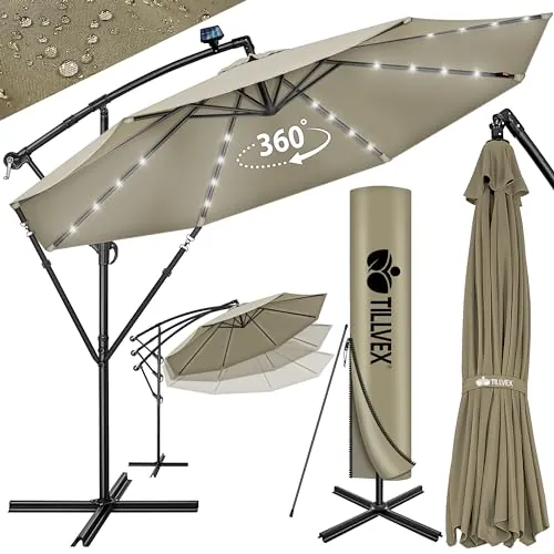tillvex 350 cm Sombrilla Excentrico con 32 Luces LED Solar | Parasol para Terraza Jardín Balcón Patio | con Manivela y Base en Cruz, Giratorio 360º, Protección UV