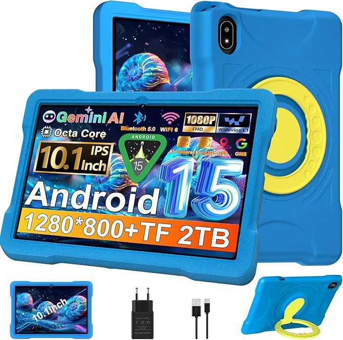 Tablet Android 15 10 Pulgadas con Core-Octa | 30 GB RAM + 64 GB ROM (TF / 2TB) |5MP + 8MP | Giochi Software Educativo (iWAWA) | 1280 * 800 Píxeles | Widevine L1 5G + 2.4G WiFi6 | Tablet EVA Case, Blue