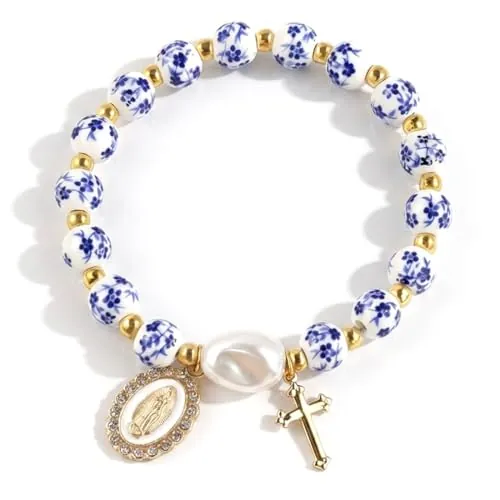 JIRVEX Pulsera de Comunión para Niña con Cruz y Perlas Azul Blanco Joyería Cristiana para Comunión Regalo para Hija Ahijada Nieta