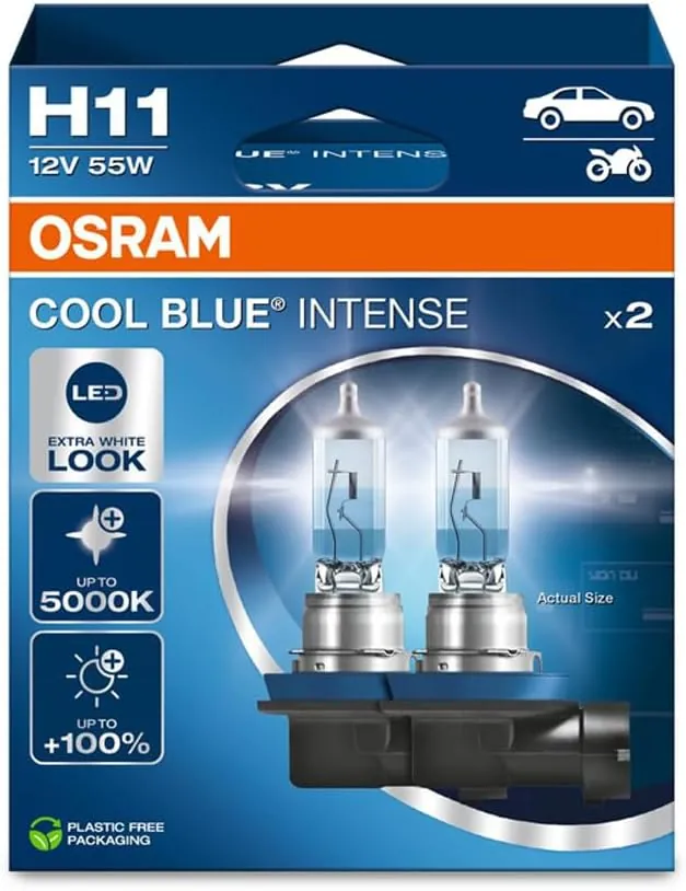 OSRAM COOL BLUE INTENSE H11, +100% más de brillo, hasta 5.000K, lámpara de faro halógena, aspecto LED, caja plegable colgante (2 lámparas)