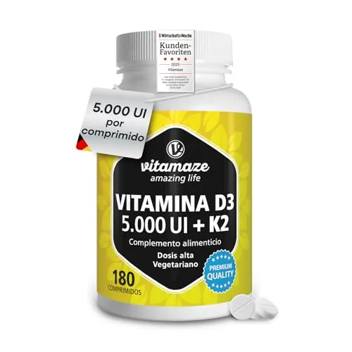 Vitamina D3 y K2 (5000 UI Vitamina D3 + Vitamina K2 100 Mcg), Apoya Sistema Inmunológico y Óseo, 180 Comprimidos Alta Biodisponibilidad, Calidad Alemana. Vitamaze®