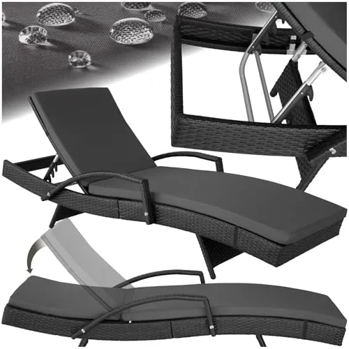 tectake® Tumbona Jardín Exterior de Ratán y Aluminio, Tumbona de Piscina con Respaldo Regulable en 5 Posiciones, Tumbona de Playa Impermeble y Resistente a Intemperie, Fácil Limpieza - Negro