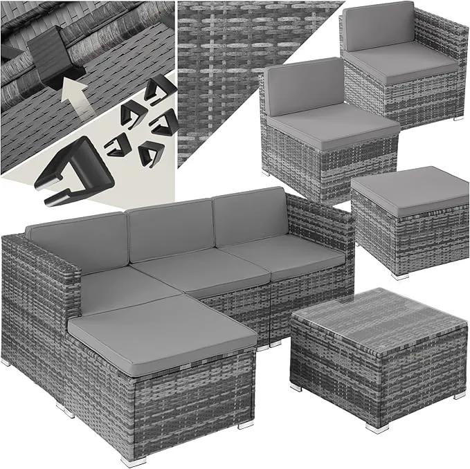 TecTake® Conjunto Jardín en Ratán con Cojines, Conjunto Terraza Resistente a la Intemperie, Muebles Jardín Exterior 1 Banco de 2 Plazas, 1 Tablero con Cristal, Fundas Extraíbles, Fácil Limpieza - Gris