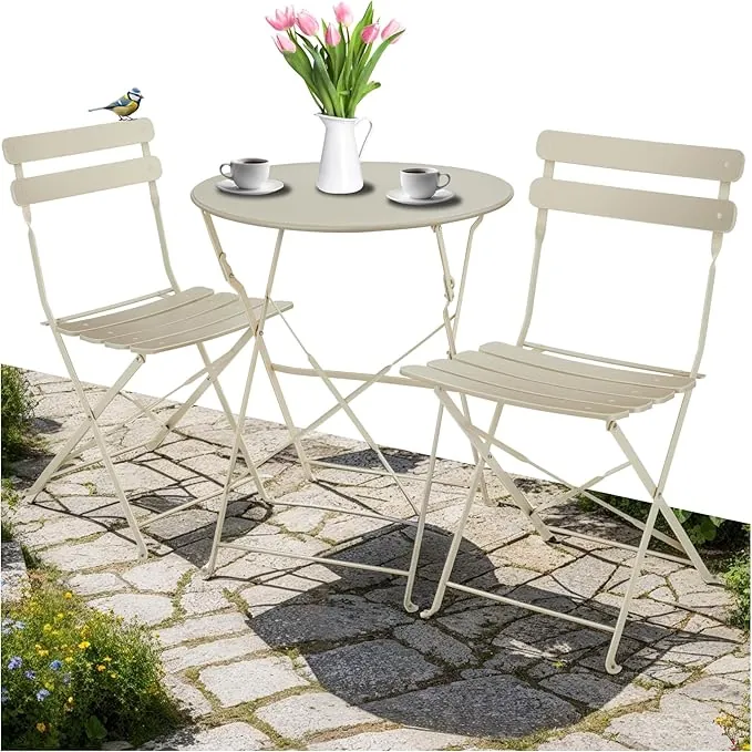 tectake® Conjunto Muebles Jardín Exterior de Mesa de Bistró y 2 Sillas, Plegables, Tapas Antideslizantes, Mesa y Sillas Terraza Estilo Retro con Estructura de Acero, Ideal Balcones Pequeños - Crema