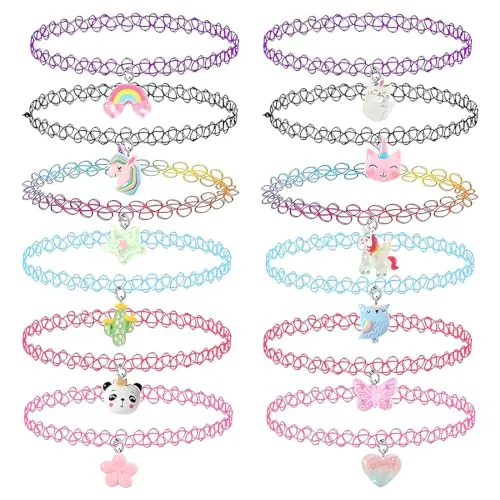 Juego de 12 gargantillas para niños, colgante con dije, unicornio, arcoíris, panda, gato, corazón, flor, sirena, gargantilla, tatuaje, elástico