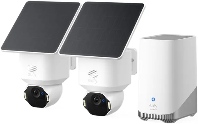 eufy Security eufyCam E42 Camara vigilancia WiFi Exterior Solar, Giro de 360°, Seguimiento con IA, resolución 4K, luz estroboscópica, inalámbrica, sin Costo mensual, 2-CAM Kit + HomeBase S380