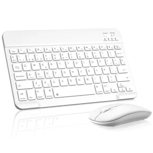 Cimetech Teclado y Ratón Inalámbrico Bluetooth, Teclado ergonómico Ultrafino con batería Recargable integrada para iOS, Mac, iPad, Windows y Sistemas operativos Android 3.0, Español QWERTY, Blanco