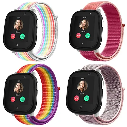 Snyeest 2pc Nailon Pulsera compatibles con Xplora X6/X6 Pro, Reloj Inteligente Para Niños Cierre Correa de Repuesto Ajustable, Arco iris+Granada Roja+Neón+Rosa Arena