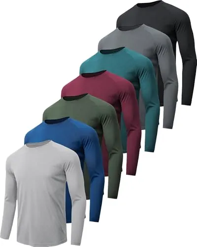 miijoory 7 Piezas Camisetas Manga Larga Hombre Camiseta Deporte Hombre de Secado Rápido Respirable UV Protección Solar para Gimnasio Running (L)