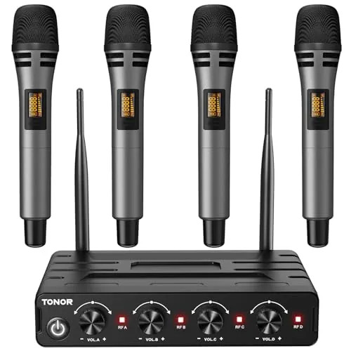 TONOR Microfono Inalambrico, 4x5 Canal UHF Micro, Micrófono Dinámico de Mano con Receptor, Multiset Operación, 60m Ideal para Karaoke Canto, Boda, Iglesia, reunión, Plata, PA, Amplificador