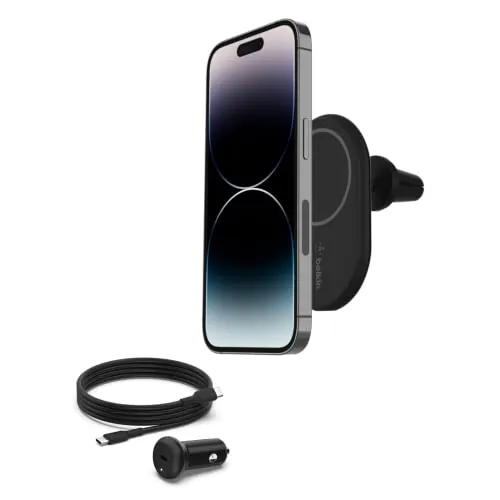 Belkin BoostCharge Cargador Magnético para coche con soporte, Compatible con Smartphones con MagSafe, la serie iPhone 17, iPhone Air, iPhone 16, Pixelsnap (cable y Cargador incluidos)