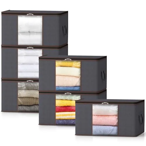 Lifewit Cajas Almacenaje Ropa Plegable con Asa Reforzada, Organizador Armario de Tejido Resistente y Ventana Transparente, Bolsas para Guardar Ropa, Mantas, Gris, 75 L, 6 Piezas