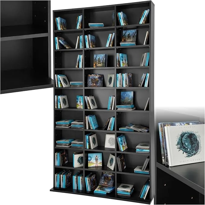 tectake® Estanteria Pared para CD/DVD, Almacenaje 1080 CDs, 27 Estantes, Fácil de Montar, Estable, Madera MDF, Metal, Estanteria Libros, Librería, Estantería de Pared, Mueble de Salon - Negro