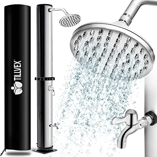 tillvex Ducha de Jardín 35 litros - Cubierta Protectora incluida | Ducha Solar con Agua Caliente | Sin Conexión Eléctrica | Cabezal de Ducha de Lluvia y Grifo | Conexión de Manguera de Jardín