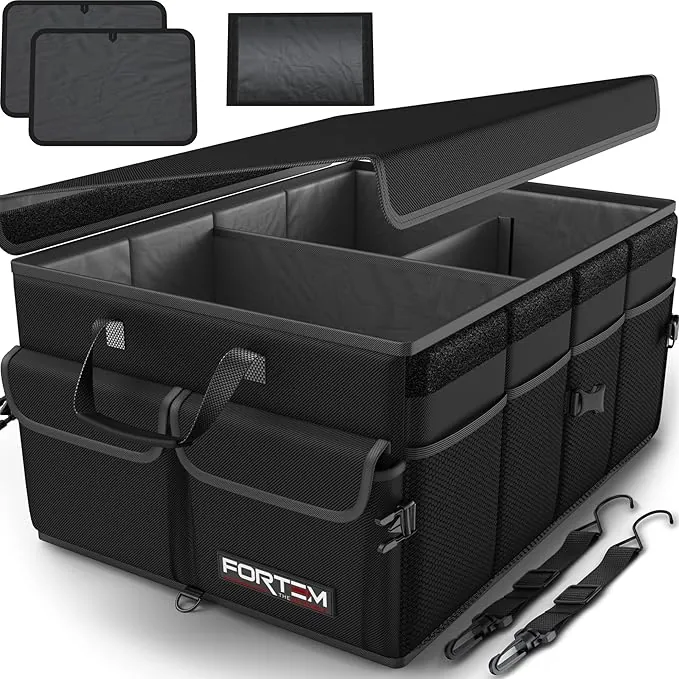 FORTEM Organizador Maletero Coche, Caja Plegable SUV con Compartimentos, Accesorios Auto Mujer Hombre, Tela Oxford 600D, Base Antideslizante, Correas Ajustables, Tapa Suave (50L)