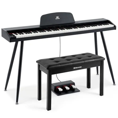 MUSTAR Piano Digital de 88 teclas con banco, teclado piano tamaño completo con 3 pedales, piano eléctrico portátil, piano digital para el hogar con MIDI-USB y soporte, negro
