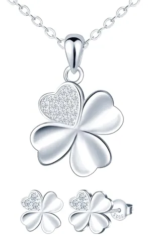 MICMIF Pendientes y Collar de Trébol con Circonita para Mujer Niña, Conjuntos de Joyas de Plata de Ley 925 Collar con Colgante y Pendientes de Hoja de Trébol, Elegante de joyas